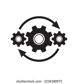 Gears wheel with arrows - concept black icon vector design. SEO creative logo sign. Exchange interaction symbol.
