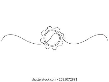Gears wheel continuous one line drawing vector illustration. Round wheel metal symbol company template for business teamwork concept. Dynamic single line draw. Doodle vector illustration
