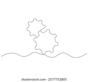 Gears wheel in one continuous line drawing. Symbol of idea for business or technology and start up. Machinery cogwheels in simple linear style. Editable stroke. Doodle line illustration