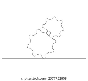 Gears wheel in one continuous line drawing. Symbol of idea for business or technology and start up. Machinery cogwheels in simple linear style. Editable stroke. Doodle line illustration