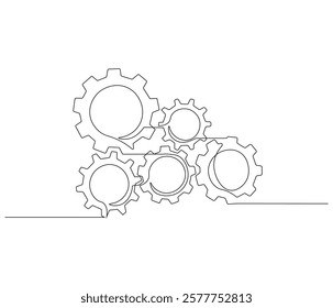 Gears wheel in one continuous line drawing. Symbol of idea for business or technology and start up. Machinery cogwheels in simple linear style. Editable stroke. Doodle line illustration