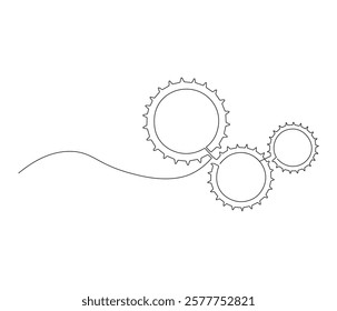 Gears wheel in one continuous line drawing. Symbol of idea for business or technology and start up. Machinery cogwheels in simple linear style. Editable stroke. Doodle line illustration
