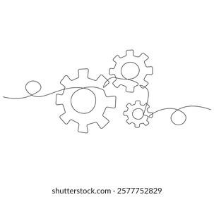 Gears wheel in one continuous line drawing. Symbol of idea for business or technology and start up. Machinery cogwheels in simple linear style. Editable stroke. Doodle line illustration