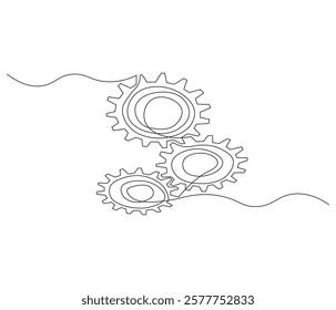 Gears wheel in one continuous line drawing. Symbol of idea for business or technology and start up. Machinery cogwheels in simple linear style. Editable stroke. Doodle line illustration