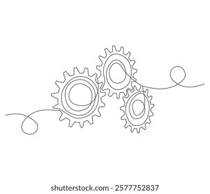 Gears wheel in one continuous line drawing. Symbol of idea for business or technology and start up. Machinery cogwheels in simple linear style. Editable stroke. Doodle line illustration