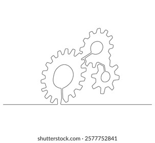 Gears wheel in one continuous line drawing. Symbol of idea for business or technology and start up. Machinery cogwheels in simple linear style. Editable stroke. Doodle line illustration