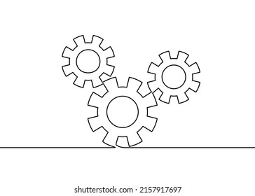 Gears wheel symbol technology, continuous one line drawing. Moving cog gears for business teamwork concept. Contour single outline. Vector illustration