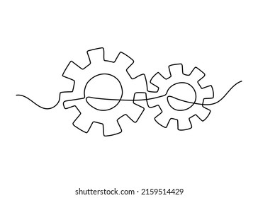 Tecnología de símbolos de rueda de engranajes, dibujo continuo de una línea. Moviendo engranajes de cog para el concepto de trabajo en equipo de negocios. Contorno simple. Ilustración del vector