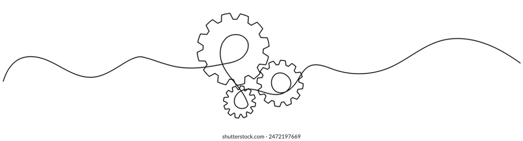 Gears wheel symbol technology, continuous one line drawing. Moving cog gears for business teamwork concept. Contour single outline.