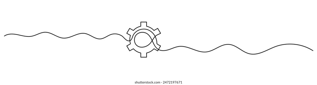 Tecnología de símbolo de rueda de engranajes, dibujo continuo de una línea. Engranajes de engranajes móviles para el concepto de trabajo en equipo empresarial. Contorno de contorno único.