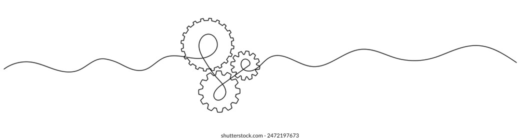 Tecnología de símbolo de rueda de engranajes, dibujo continuo de una línea. Engranajes de engranajes móviles para el concepto de trabajo en equipo empresarial. Contorno de contorno único.