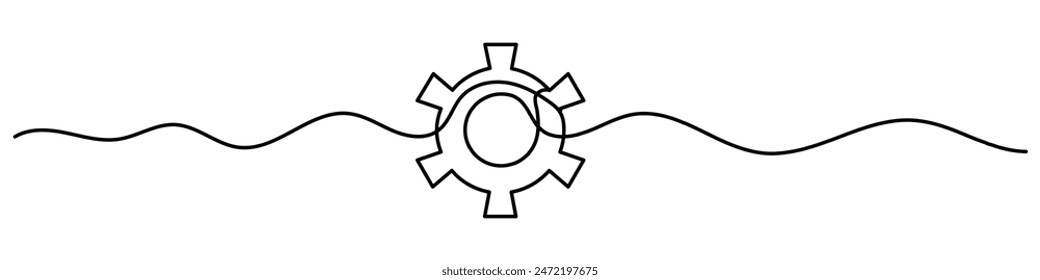 Gears wheel symbol technology, continuous one line drawing. Moving cog gears for business teamwork concept. Contour single outline.