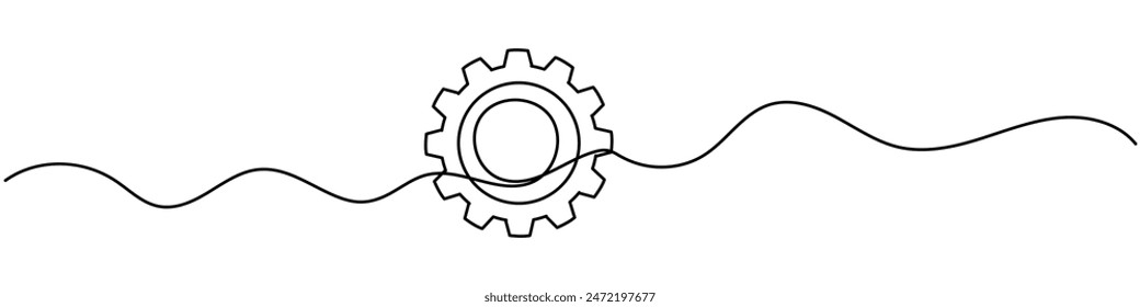 Gears wheel symbol technology, continuous one line drawing. Moving cog gears for business teamwork concept. Contour single outline.