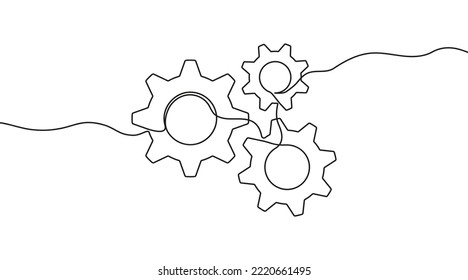 Gears wheels one continuous line drawing. One line moving cog gear. Vector illustration.