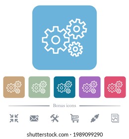 Gears white flat icons on color rounded square backgrounds. 6 bonus icons included