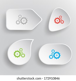 Gears. White flat vector buttons on gray background.
