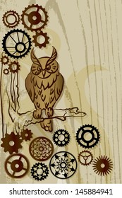 gears wood clock owl vector background