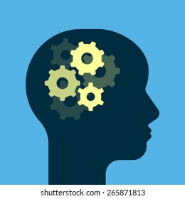 Gears working brain. Get smart. Human head silhouette. Flat style vector illustration