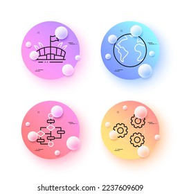 Gears, World planet and Arena minimal line icons. 3d spheres or balls buttons. Block diagram icons. For web, application, printing. Work process, Internet business, Sport stadium. Vector