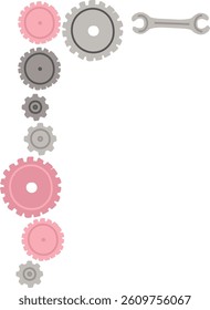 Gears and a wrench form a corner border in a clean, minimal style. Mechanical elements are arranged to create a functional frame design. Cartoon vector illustration.