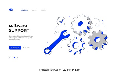 Gears and wrench. Troubleshooting and technician support concept with gear wheels. Vector 3d illustration