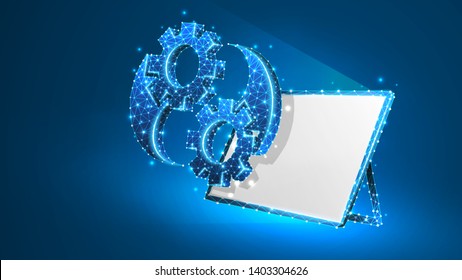 Gears Yin Yan symbol on white tablet screen. Industry balance, business solution, settings concept. Abstract, digital, wireframe, low poly mesh, vector blue neon 3d illustration. Triangle, line, dot