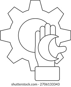 A gearshaped object behind a hand holding a crescent moon