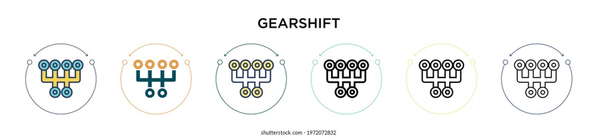 Gearshift icon in filled, thin line, outline and stroke style. Vector illustration of two colored and black gearshift vector icons designs can be used for mobile, ui, web