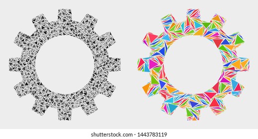 Gearwheel collage icon of triangle items which have different sizes and shapes and colors. Geometric abstract vector design concept of gearwheel.