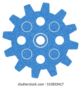 Gearwheel grainy textured icon for overlay watermark stamps. Flat symbol with unclean texture. Dotted vector cobalt ink rubber seal stamp with grunge design on a white background.
