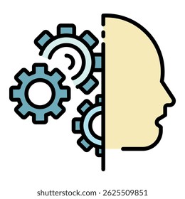 Gearwheel humanoid head icon. Outline gearwheel humanoid head vector icon color flat isolated