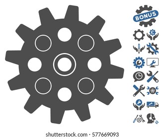 Gearwheel icon with bonus options clip art. Vector illustration style is flat iconic cobalt and gray symbols on white background.