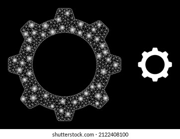 Gearwheel icon and bright net mesh gearwheel model with illuminated light spots. Illuminated model done using gearwheel vector icon and triangulated mesh. Glowing carcass gearwheel,
