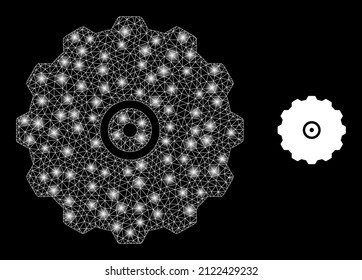 Gearwheel icon and bright net mesh gearwheel model with glitter light spots. Illuminated model done using gearwheel vector icon and triangulated mesh. Illuminated frame gearwheel,