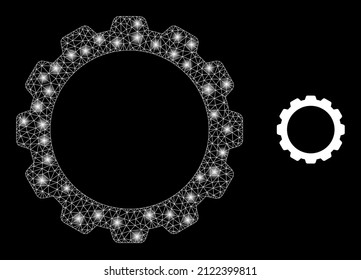 Gearwheel icon and constellation net mesh gearwheel model with majestic spots. Illuminated constellation generated from gearwheel vector icon and triangulated mesh. Illuminated carcass gearwheel,