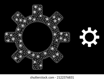 Gearwheel icon and glowing mesh gearwheel model with sparkle spots. Illuminated model is generated using gearwheel vector icon and triangulated mesh. Glowing carcass gearwheel, on a black background.