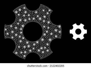 Gearwheel icon and glowing mesh net gearwheel model with illuminated light spots. Illuminated model generated using gearwheel vector icon and polygonal mesh. Flare frame gearwheel,
