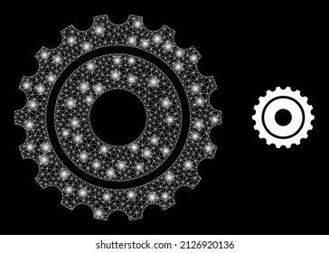 Zahnradsymbol und glühende Netz-Getrieberadstruktur mit Flare-Lichtpunkten. Das Leuchtmodell wird aus dem Vektorsymbol des Getriebe und dem Polygonnetz hergestellt. Flachradantrieb,