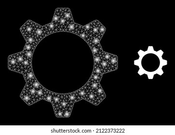 Gearwheel icon and glowing mesh gearwheel structure with illuminated spots. Illuminated constellation is generated using gearwheel vector icon and triangle mesh. Glowing carcass gearwheel,