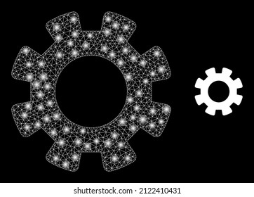 Gearwheel icon and glowing net gearwheel model with illuminated light spots. Illuminated constellation created from gearwheel vector icon and polygonal mesh. Glowing carcass gearwheel,