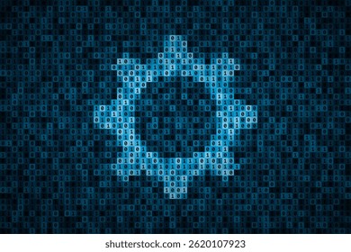 Gearwheel icon over binary code background made from 0 and 1 symbols. Concept of software settings, operating system installation and setup, computing device maintenance, modern digital technologies