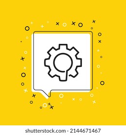 Gearwheel icon in white speech bubble with decorative elements on a yellow background. Modern graphic announcement with thin line symbol. Vector illustration EPS 10