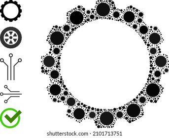 Icono de mosaico de la rueda de la dirección. Composición vectorial compuesta por iconos aleatorios de las celdas de virus. Icono de la rueda de mando de la celda de virus y otros iconos. Collage de la rueda de la dirección para plantillas de aislamiento.