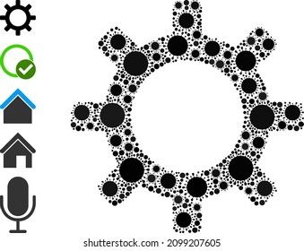 Gearwheel mosaic icon. Vector mosaic is composed of randomized covid elements. Covid collage gearwheel icon, and more icons. Gearwheel mosaic for breakout templates.