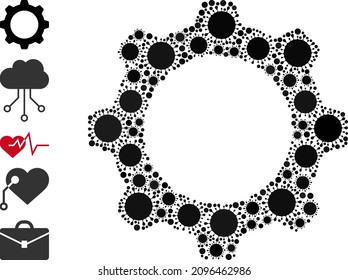 Icono de mosaico de la rueda de la dirección. El mosaico vectorial está formado por elementos covid-2019 aleatorizados. Icono de la rueda de engranaje de collage Covid-2019 e iconos adicionales. Collage del volante para imágenes médicas.