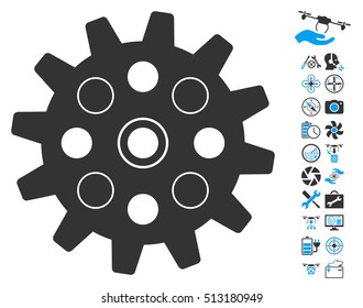 Gearwheel pictograph with bonus airdrone tools clip art. Vector illustration style is flat iconic blue and gray symbols on white background.