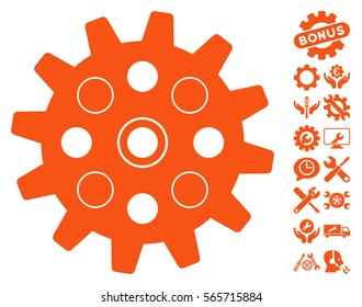 Gearwheel pictograph with bonus setup tools pictograph collection. Vector illustration style is flat iconic orange symbols on white background.