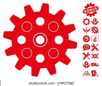 Gearwheel pictograph with bonus tools pictograms. Vector illustration style is flat iconic red symbols on white background.