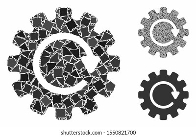 Gearwheel rotation composition of humpy elements in different sizes and color tones, based on gearwheel rotation icon. Vector raggy parts are united into composition.