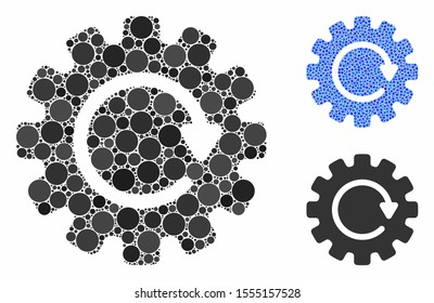 Gearwheel rotation composition of small circles in variable sizes and color hues, based on gearwheel rotation icon. Vector small circles are combined into blue composition.